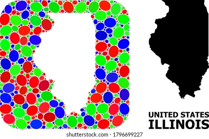 Vector mosaic and solid map of Illinois State. Bright geographic map constructed as subtraction from rounded square with bright elliptic elements.