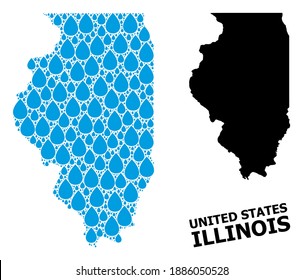 Vector mosaic and solid map of Illinois State. Map of Illinois State vector mosaic for clean water ads. Map of Illinois State is designed with blue drinking aqua tears.