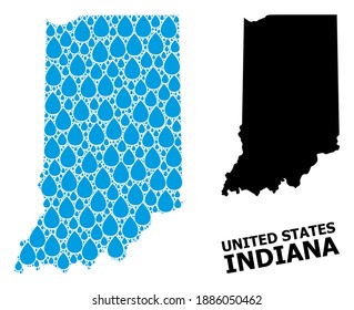 Vector mosaic and solid map of Indiana State. Map of Indiana State vector mosaic for drinking water ads. Map of Indiana State is formed with blue clean liquid dews. Symbol of pure drinking water.