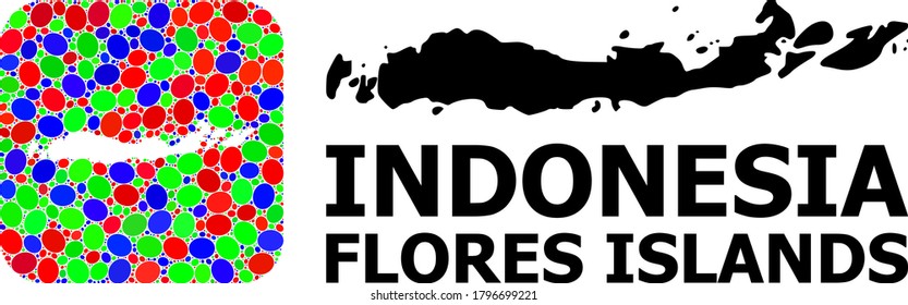 Vector mosaic and solid map of Indonesia - Flores Islands. Bright geographic map created as carved shape from rounded square with bright ellipses.