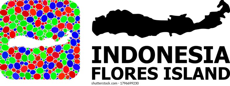 Vector mosaic and solid map of Indonesia - Flores Island. Bright geographic map designed as subtraction from rounded square with bright elliptic elements.