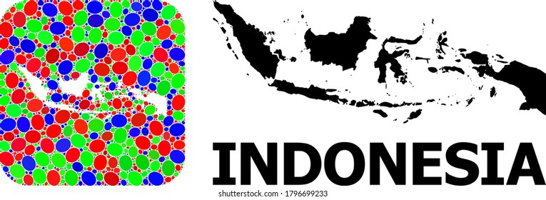 Vector mosaic and solid map of Indonesia. Bright geographic map designed as carved shape from rounded square with bright elliptic elements.