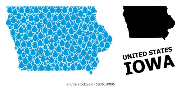 Vector mosaic and solid map of Iowa State. Map of Iowa State vector mosaic for clean water ads. Map of Iowa State is created from blue drinking water drops. Symbol for clean drinking water.