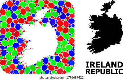 Vector mosaic and solid map of Ireland Republic. Bright geographic map constructed as subtraction from rounded square with bright elliptic elements.