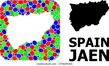 Vector mosaic and solid map of Jaen Spanish Province. Bright geographic map designed as stencil from rounded square with bright elliptic elements.