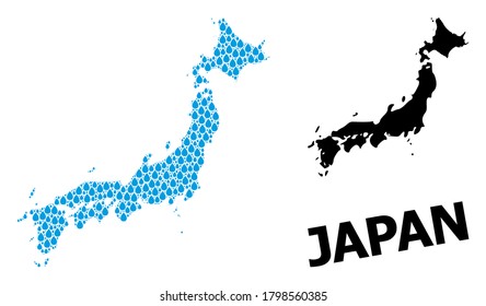 Vector mosaic and solid map of Japan. Map of Japan vector mosaic for clean water ads. Map of Japan is created with blue clean water raindrops. Symbol of clean drinking water.