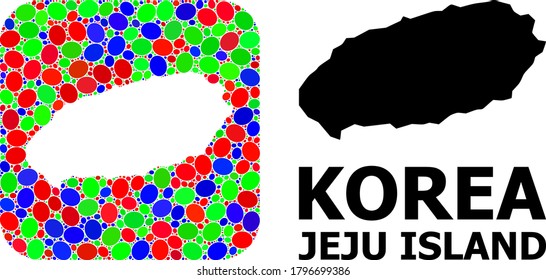 Vector mosaic and solid map of Jeju Island. Bright geographic map constructed as hole from rounded square with bright elliptic elements.