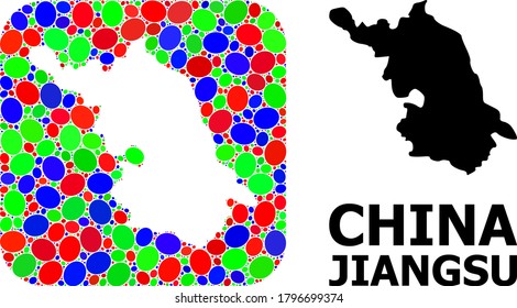 Vector mosaic and solid Map of Jiangsu Province. Bright geographic map designed as stencil from rounded square with bright ellipses.