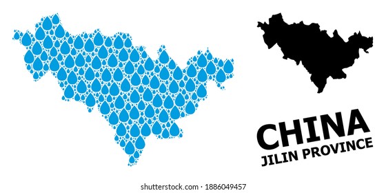 Vector mosaic and solid map of Jilin Province. Map of Jilin Province vector mosaic for clean water ads. Map of Jilin Province is created with blue drinking water raindrops.