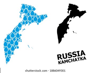 Vector mosaic and solid map of Kamchatka Peninsula. Map of Kamchatka Peninsula vector mosaic for pure water ads. Map of Kamchatka Peninsula is formed with blue drinking aqua drops.