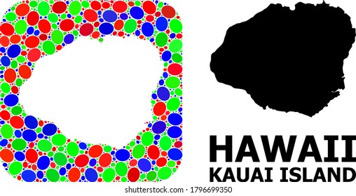 Vector mosaic and solid map of Kauai Island. Bright geographic map designed as subtraction from rounded square with bright ovals. Mosaic map of Kauai Island created with ovals in various sizes.