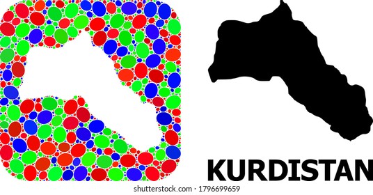 Vector mosaic and solid map of Kurdistan. Bright geographic map created as hole from rounded square with bright elliptic elements.