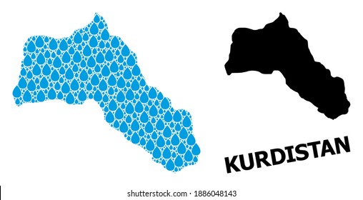 Vector mosaic and solid map of Kurdistan. Map of Kurdistan vector mosaic for drinking water ads. Map of Kurdistan is composed with blue clear liquid tears. Symbol for clean drinking water.