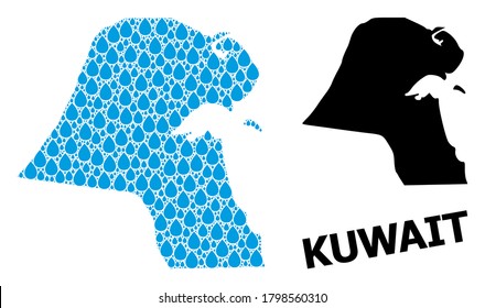 Vector mosaic and solid map of Kuwait. Map of Kuwait vector mosaic for pure water ads. Map of Kuwait is formed with blue clean liquid drops. Symbol for pure drinking water.