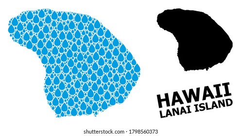 Vector mosaic and solid map of Lanai Island. Map of Lanai Island vector mosaic for drinking water ads. Map of Lanai Island is designed with blue clear water raindrops. Symbol of clear drinking water.