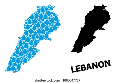 Vector mosaic and solid map of Lebanon. Map of Lebanon vector mosaic for clean water ads. Map of Lebanon is designed with blue clean water tears. Symbol of clean drinking water.