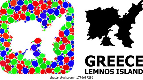 Vector mosaic and solid map of Lemnos Island. Bright geographic map designed as subtraction from rounded square with bright ellipses.