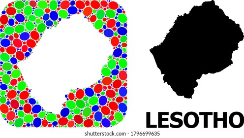 Vector mosaic and solid map of Lesotho. Bright geographic map constructed as carved shape from rounded square with bright elliptic elements.
