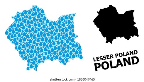 Vector mosaic and solid map of Lesser Poland Province. Map of Lesser Poland Province vector mosaic for drinking water ads. Map of Lesser Poland Province is designed with blue pure water dews.