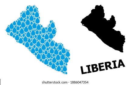 Vector Mosaic And Solid Map Of Liberia. Map Of Liberia Vector Mosaic For Pure Water Ads. Map Of Liberia Is Formed With Blue Pure Liquid Raindrops. Symbol For Clean Drinking Water.