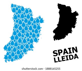 Vector mosaic and solid map of Lleida Province. Map of Lleida Province vector mosaic for drinking water ads. Map of Lleida Province is formed from blue drinking water tears.