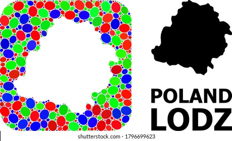 Vector mosaic and solid map of Lodz Province. Bright geographic map designed as subtraction from rounded square with bright elliptic elements.