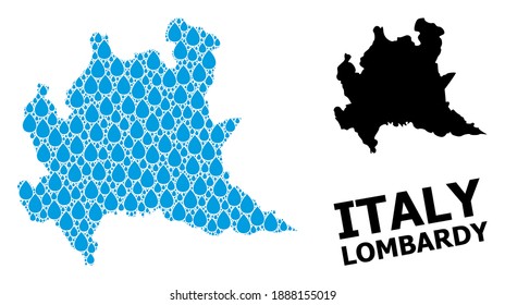 Vector mosaic and solid map of Lombardy region. Map of Lombardy region vector mosaic for pure water ads. Map of Lombardy region is designed from blue pure water dews. Symbol for clean drinking water.