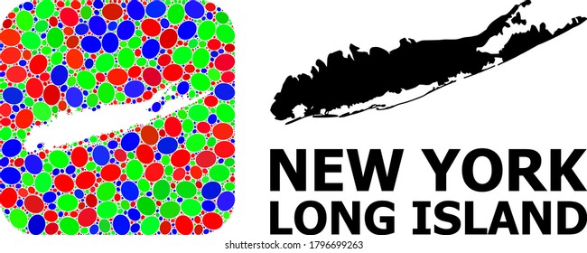 Vector mosaic and solid map of Long Island. Bright geographic map designed as subtraction from rounded square with bright ovals. Mosaic map of Long Island designed with ovals in variable sizes.