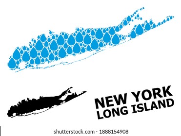 Vector mosaic and solid map of Long Island. Map of Long Island vector mosaic for drinking water ads. Map of Long Island is formed with blue clear aqua raindrops. Symbol for pure drinking water.
