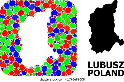 Vector mosaic and solid map of Lubusz Province. Bright geographic map created as subtraction from rounded square with bright elliptic elements.