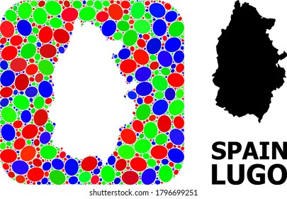Vector mosaic and solid map of Lugo Province. Bright geographic map created as carved shape from rounded square with bright elliptic elements.