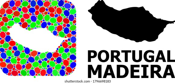 Vector mosaic and solid map of Madeira Island. Bright geographic map constructed as subtraction from rounded square with bright elliptic elements.