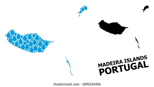 Vector mosaic and solid map of Madeira Islands. Map of Madeira Islands vector mosaic for drinking water ads. Map of Madeira Islands is designed with blue drinking water raindrops.