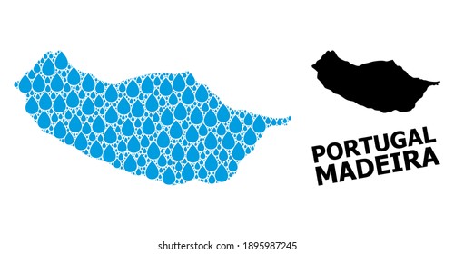 Vector mosaic and solid map of Madeira Island. Map of Madeira Island vector mosaic for drinking water ads. Map of Madeira Island is created with blue clean aqua raindrops.