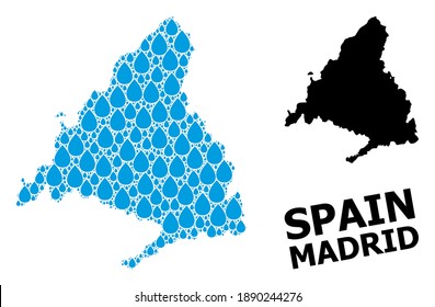 Vector Mosaic And Solid Map Of Madrid Province. Map Of Madrid Province Vector Mosaic For Drinking Water Ads. Map Of Madrid Province Is Created With Blue Clean Aqua Drops.