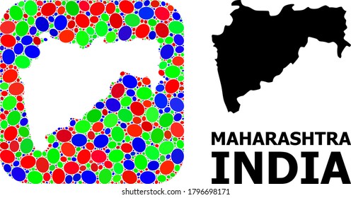 Vector mosaic and solid map of Maharashtra State. Bright geographic map designed as hole from rounded square with bright ellipses.
