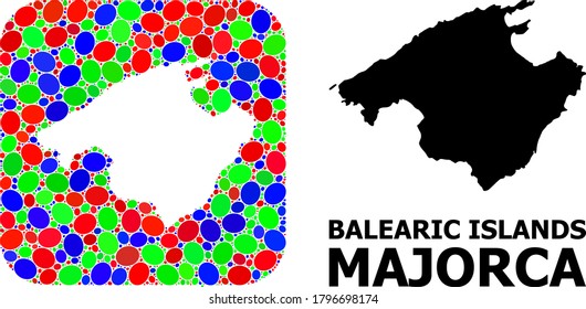 Vector mosaic and solid map of Majorca. Bright geographic map constructed as stencil from rounded square with bright elliptic elements.
