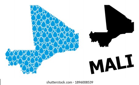 Vector mosaic and solid map of Mali. Map of Mali vector mosaic for drinking water ads. Map of Mali is designed with blue pure water raindrops. Symbol for pure drinking water.