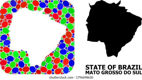 Vector mosaic and solid map of Mato Grosso do Sul State. Bright geographic map designed as subtraction from rounded square with bright elliptic elements.