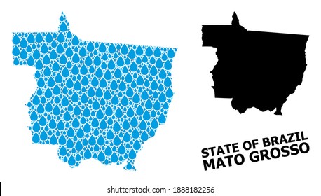 Mosaico vectorial y mapa sólido del estado de Mato Grosso. Mapa del mosaico vectorial del estado de Mato Grosso para anuncios de agua potable. Mapa del estado de Mato Grosso se crea con gotas de lluvia líquidas transparentes azules.