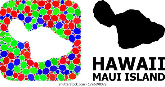 Vector mosaic and solid map of Maui Island. Bright geographic map designed as subtraction from rounded square with bright elliptic elements.