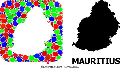 Vector mosaic and solid map of Mauritius Island. Bright geographic map created as subtraction from rounded square with bright elliptic elements.