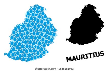 Vector mosaic and solid map of Mauritius Island. Map of Mauritius Island vector mosaic for pure water ads. Map of Mauritius Island is designed with blue pure water drops.