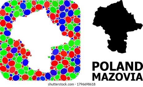 Vector mosaic and solid map of Mazovia Province. Bright geographic map designed as carved shape from rounded square with bright elliptic elements.