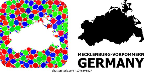 Vector mosaic and solid map of Mecklenburg-Vorpommern State. Bright geographic map created as hole from rounded square with bright ovals.