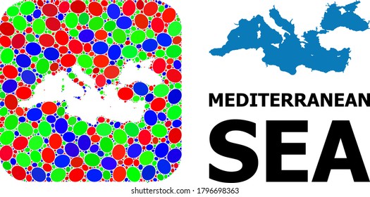 Vector mosaic and solid map of Mediterranean Sea. Bright geographic map designed as stencil from rounded square with bright ovals. Mosaic map of Mediterranean Sea formed with ovals in various sizes.