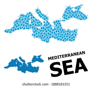 Vector mosaic and solid map of Mediterranean Sea. Map of Mediterranean Sea vector mosaic for clean water ads. Map of Mediterranean Sea is composed with blue clear water dews.