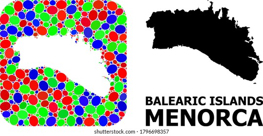Vector mosaic and solid map of Menorca Island. Bright geographic map created as hole from rounded square with bright ellipses. Mosaic map of Menorca Island created with ellipses in different sizes.
