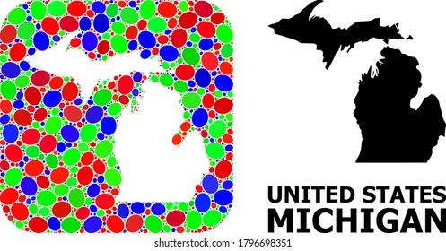 Vector mosaic and solid map of Michigan State. Bright geographic map created as hole from rounded square with bright elliptic elements.