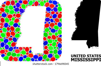 Vector mosaic and solid map of Mississippi State. Bright geographic map constructed as stencil from rounded square with bright elliptic elements.